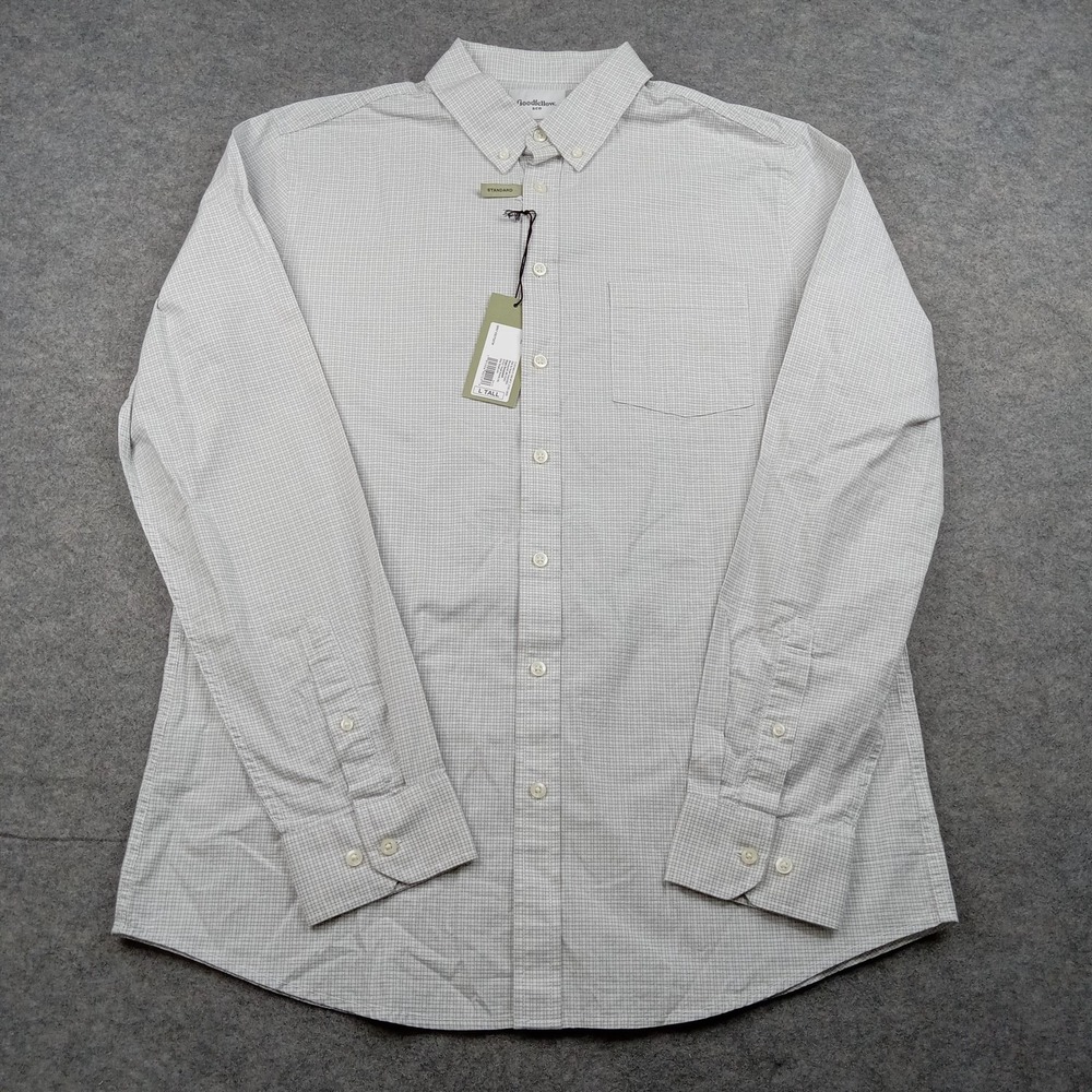 Goodfellow Shirt Mens Large Tall‎ LT Gray Check Stretch Button Front Casual